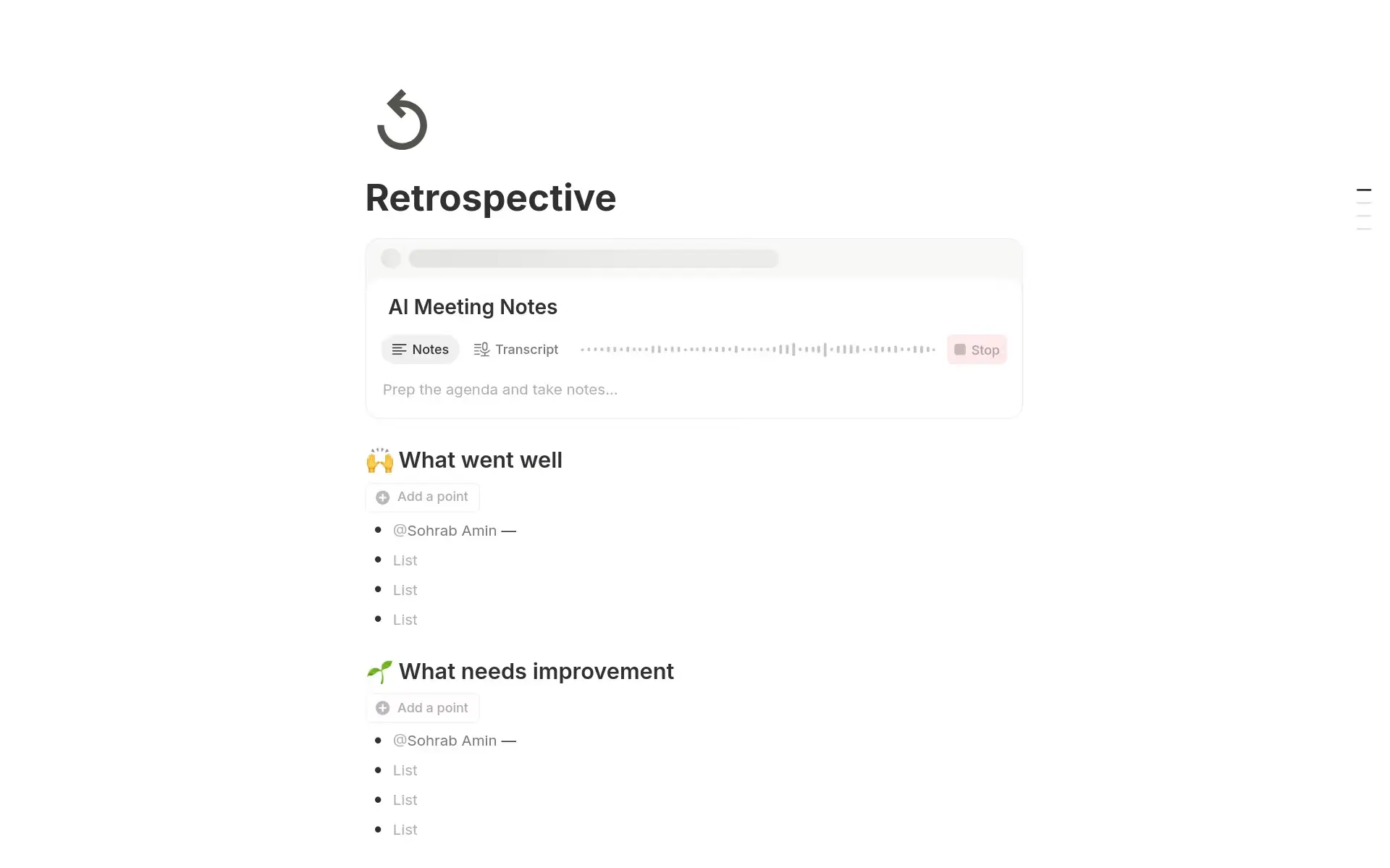 Retrospective template