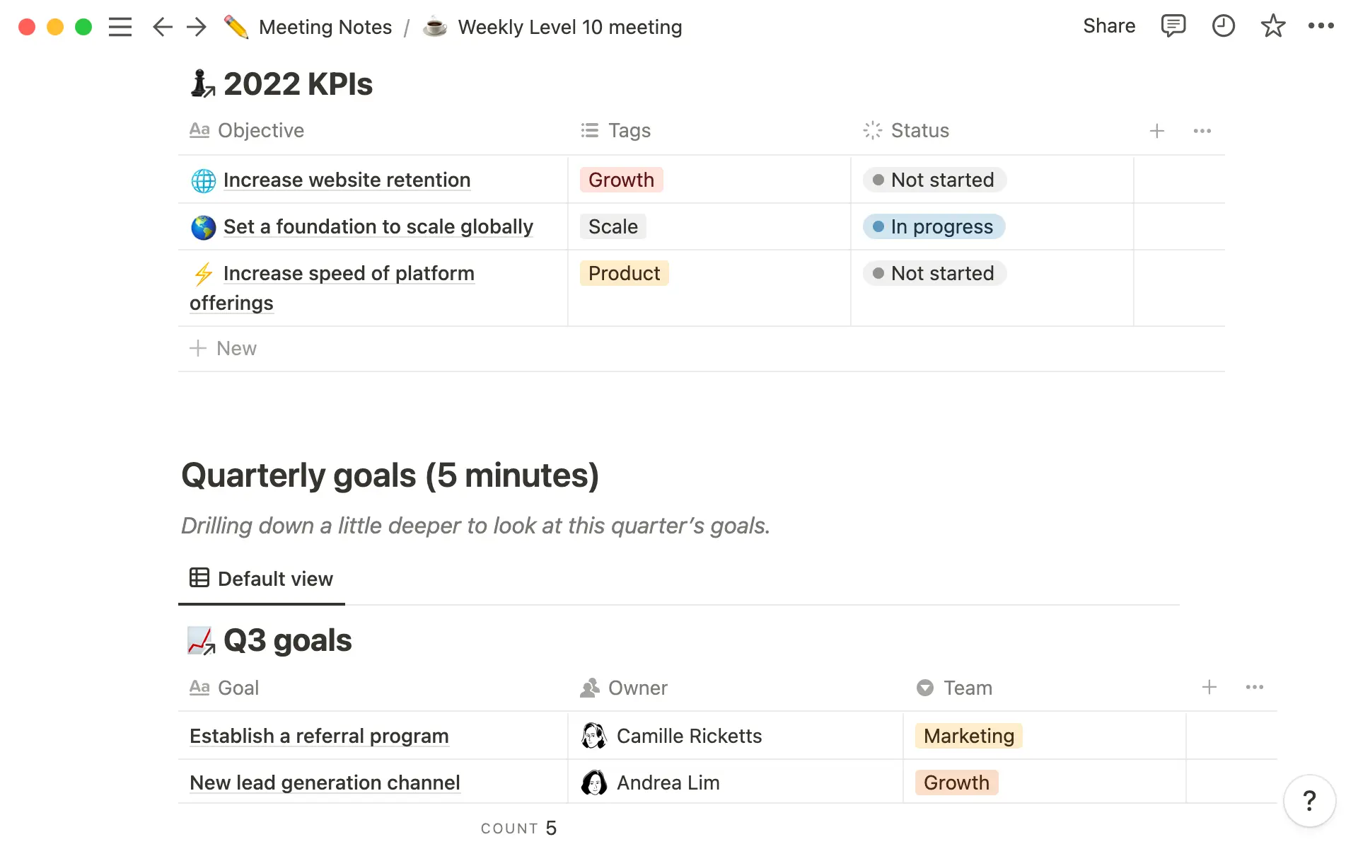 Mit Hilfe von verlinkten Datenbanken kannst du Ziele aus anderen Bereichen von Notion übernehmen.