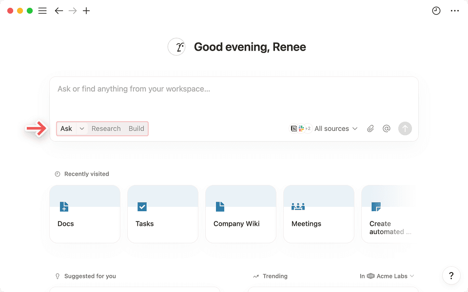 Abhängig von deinen Anforderungen kannst du mit der Notion-KI Antworten finden, Themen recherchieren und Berichte oder eine Datenbank für dich erstellen.