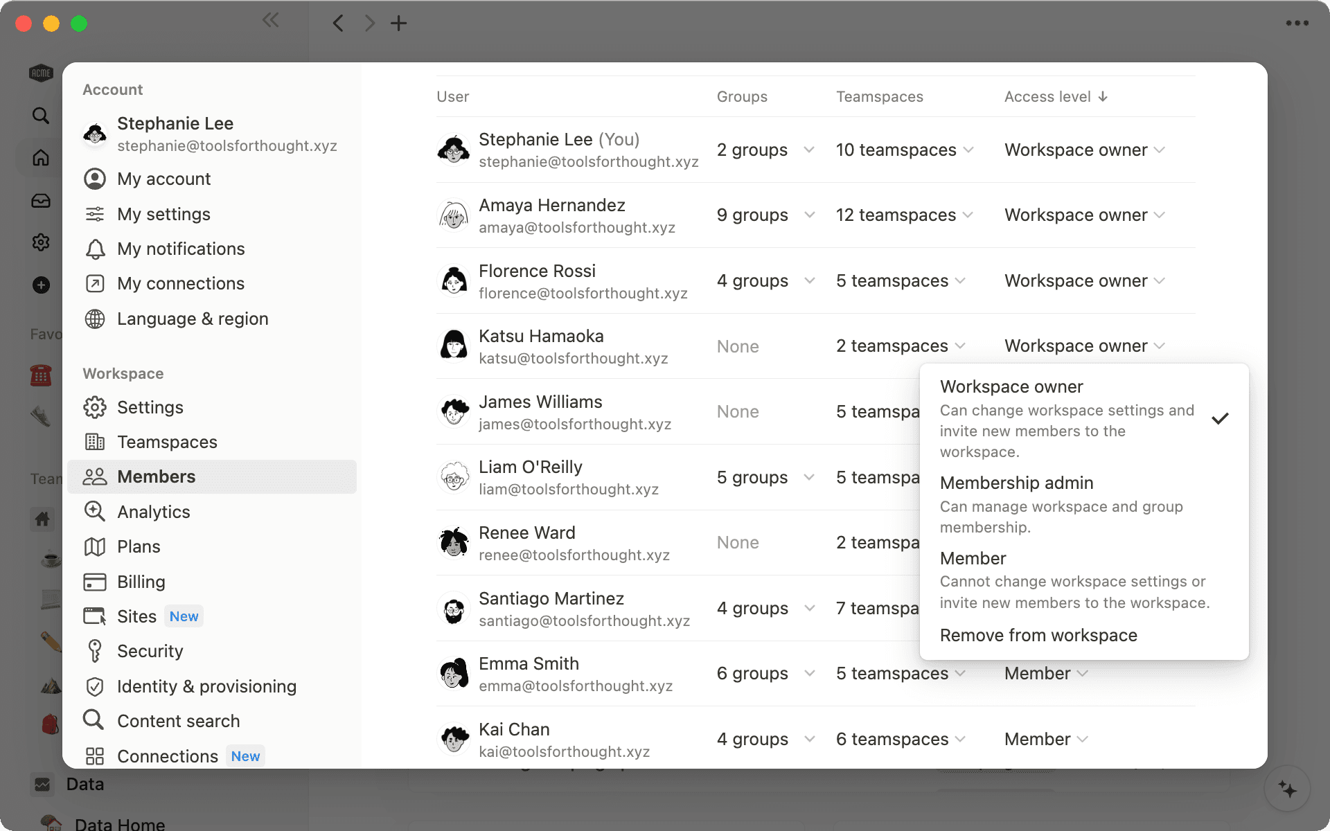 Ändere die Zugriffsebene eines Teammitglieds über das Dropdown-Menü neben dem Namen.