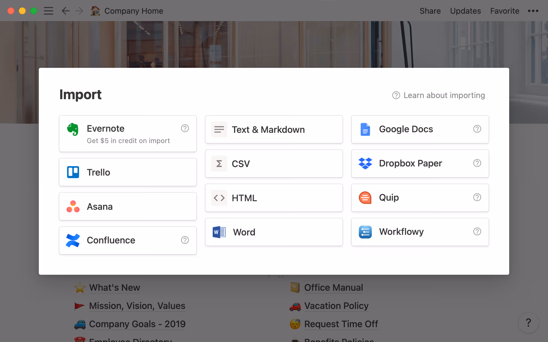 Importoptionen für Notion