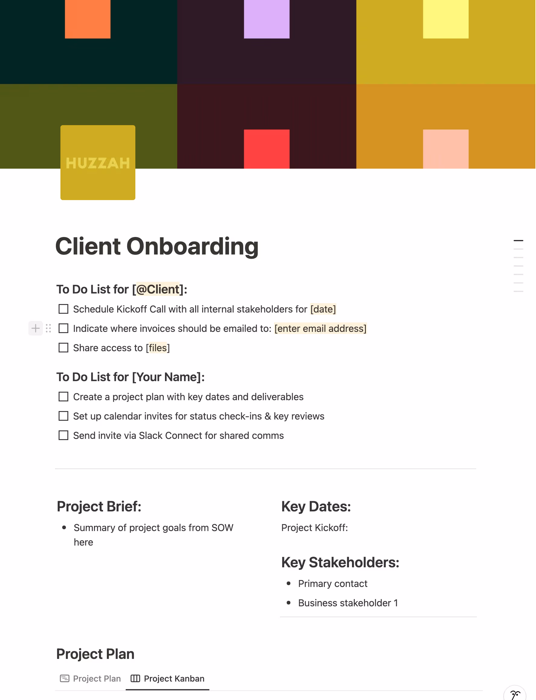 A template Sarah uses to onboard new clients for Huzzah Studios, the hub for her freelance work.