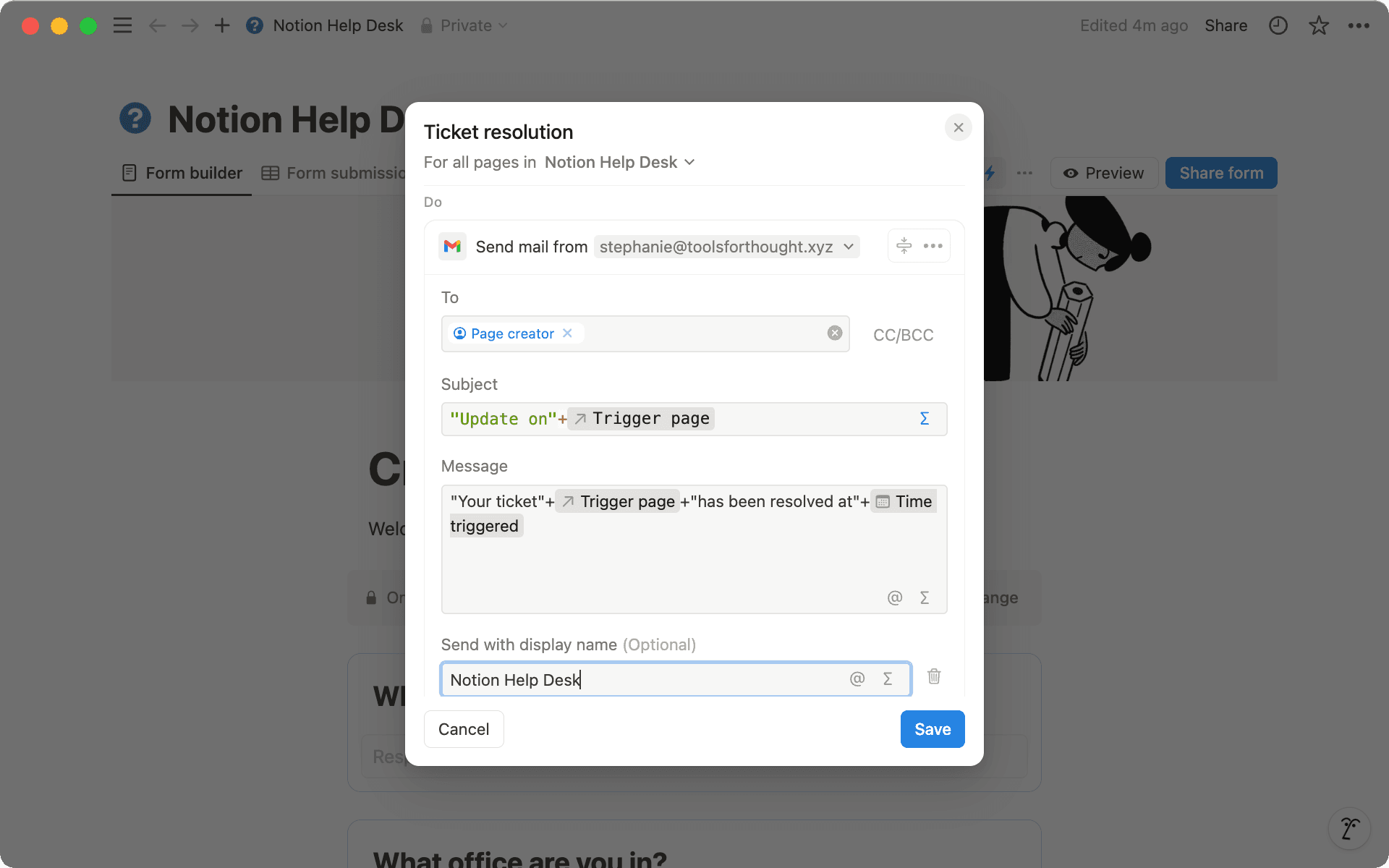 Passe die Abschnitte „Betreff“ und „Nachricht“ deiner Nachricht mithilfe von Formeln an