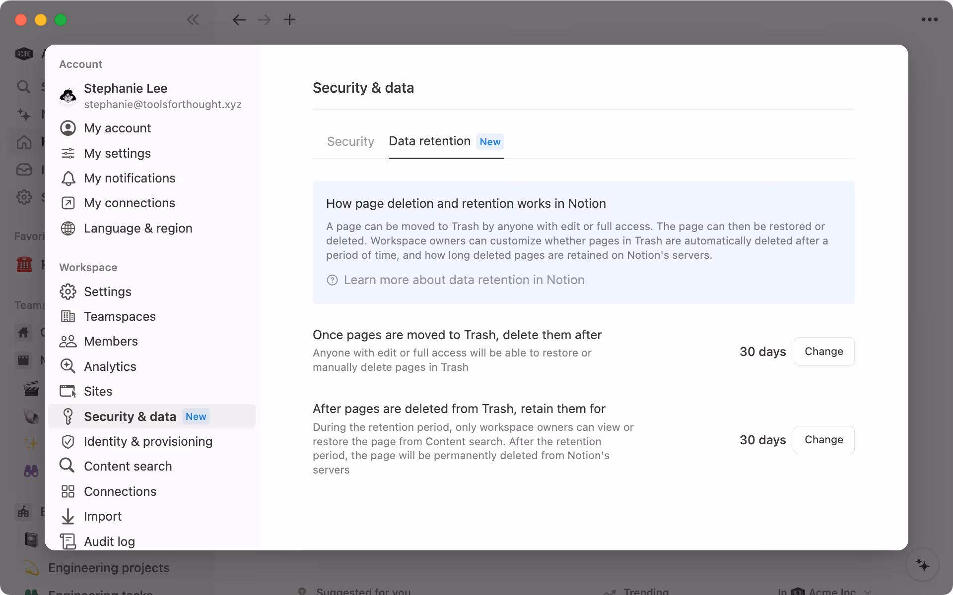 Workspace-Besitzer/-innen im Enterprise Plan haben die Kontrolle darüber, wann die Seiten von Nutzer/-innen aus dem Papierkorb gelöscht werden und wie lange sie danach aufbewahrt werden können