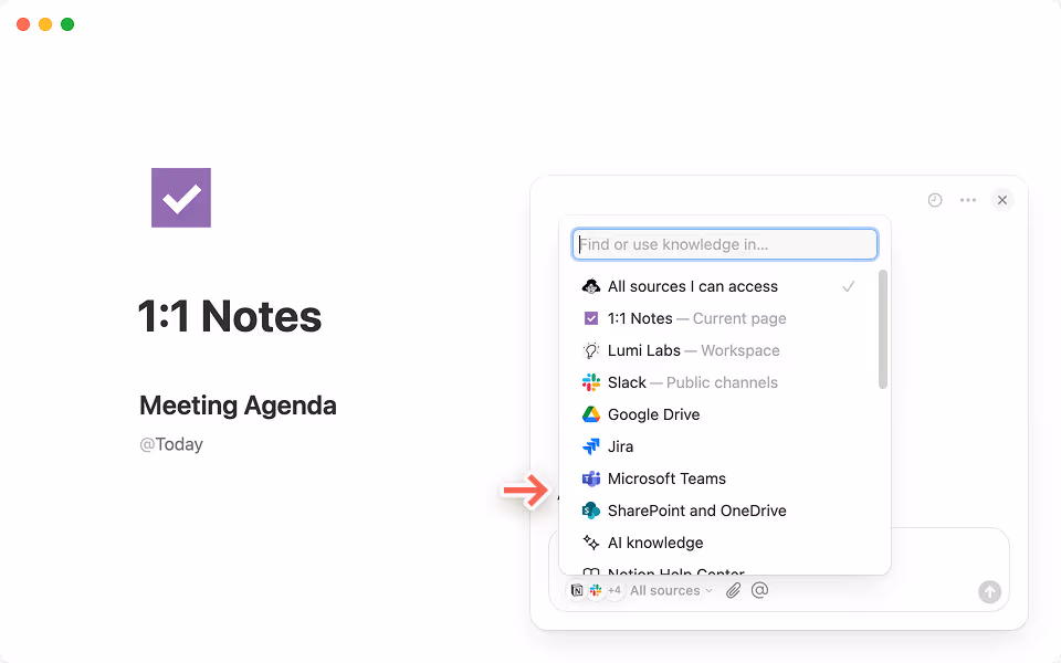 Wähle die Option + Apps verbinden im Tab „Alle Quellen“ deines Notion-KI-Chats, um loszulegen.