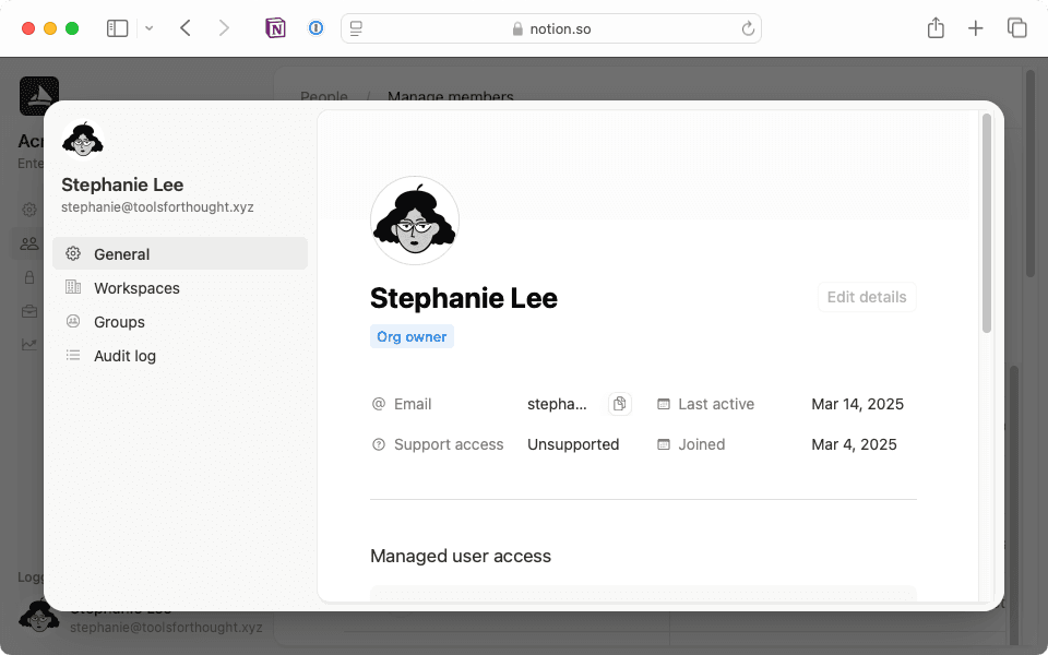 Gehe zu den Einstellungen einzelner Mitglieder, um zu überprüfen, ob jemand Organisationsbesitzer/-in ist.