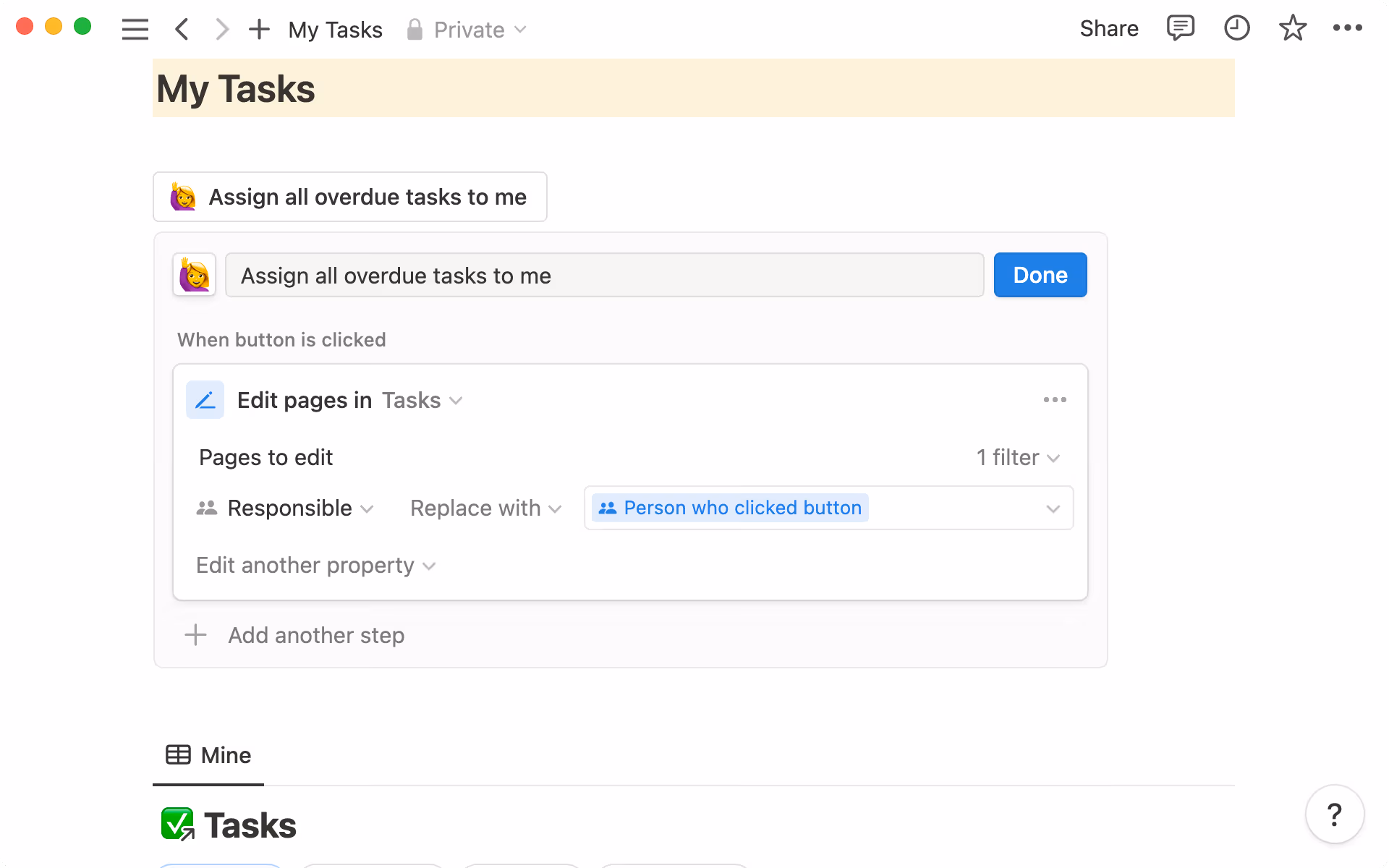 Du kannst einen Button konfigurieren, um bestimmte Einträge in einer Datenbank zu bearbeiten, je nachdem, welche Filter du anwendest.