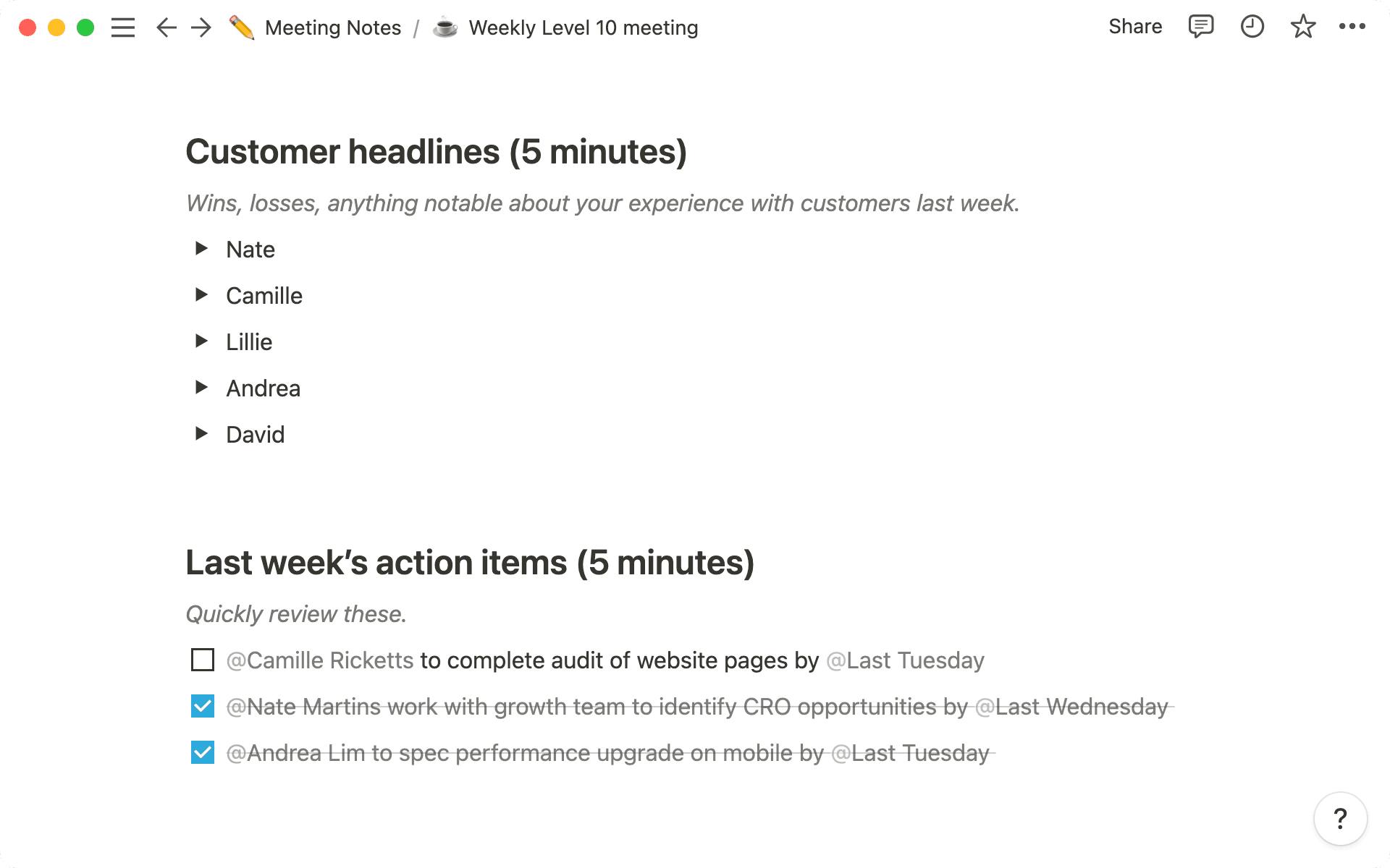 Markiere Personen und Daten, damit du sicherstellen kannst, dass Aktionspunkte ausgeführt werden.