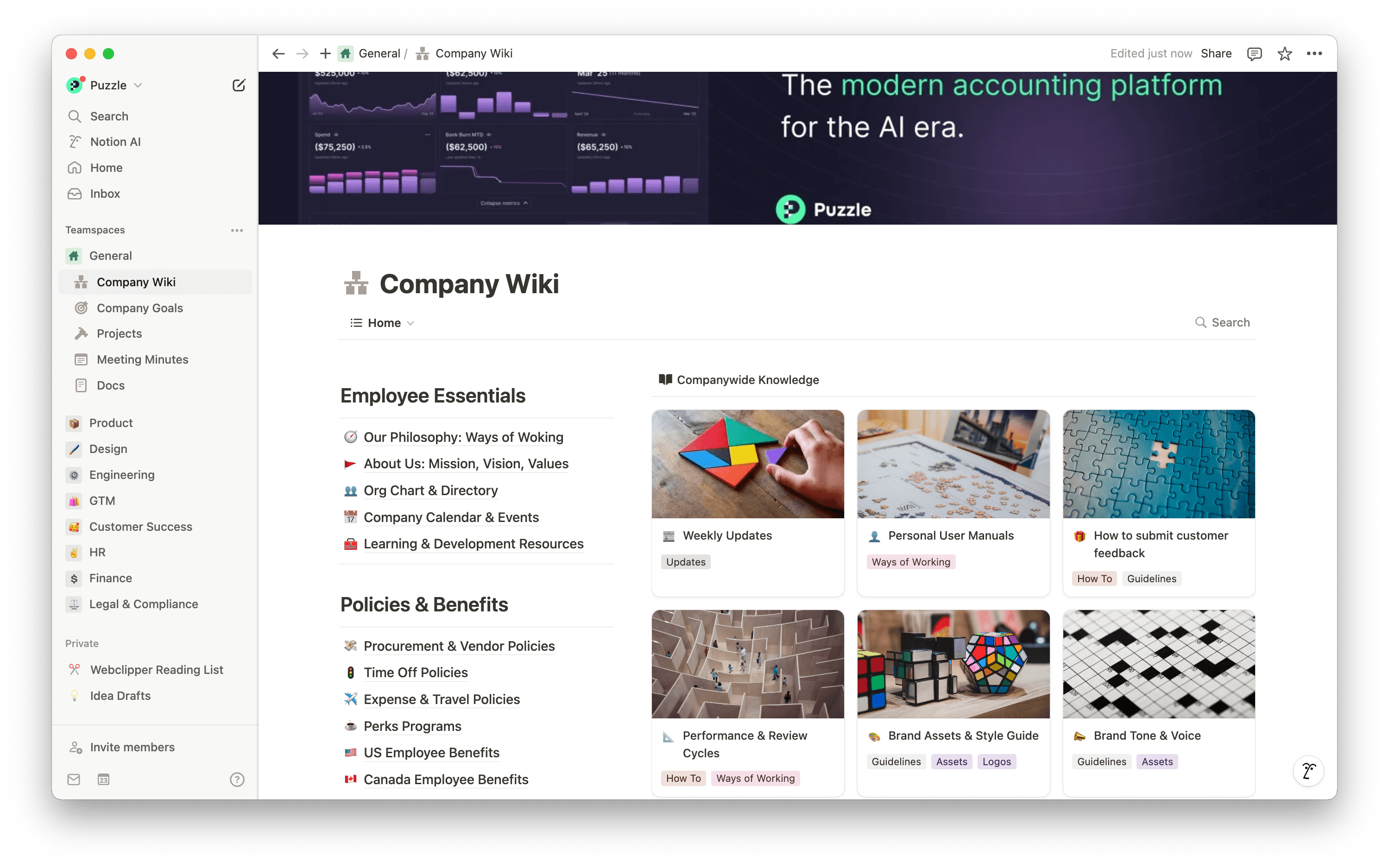 Puzzles zentrale Quelle für alle Unternehmensinformationen, einfach zu aktualisieren, schnell zu finden und nahtlos mit all unserer Arbeit verbunden.