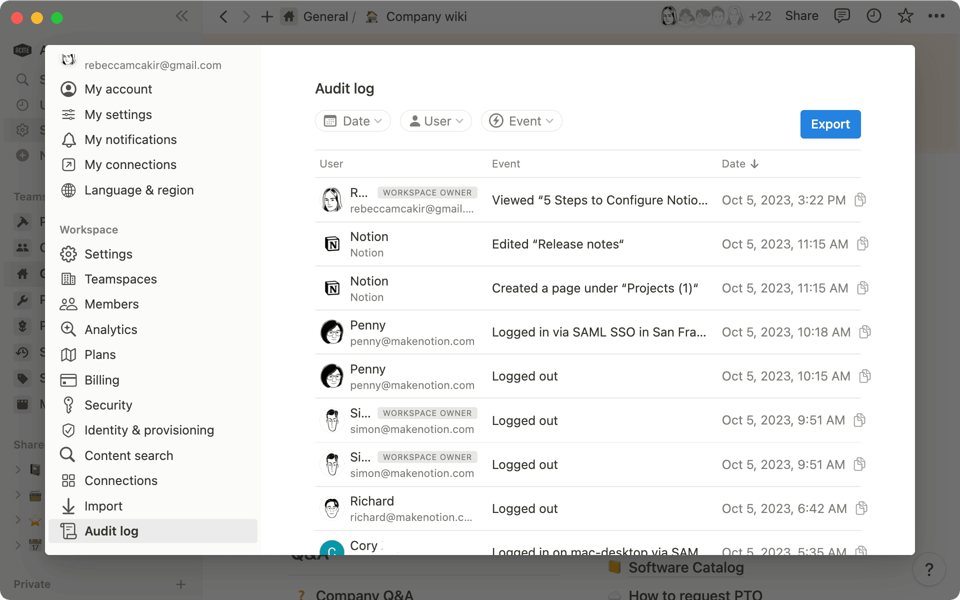 Mit dem Audit-Protokoll können Workspace-Besitzer/-innen alle Ereignisse in ihrem Workspace einsehen.