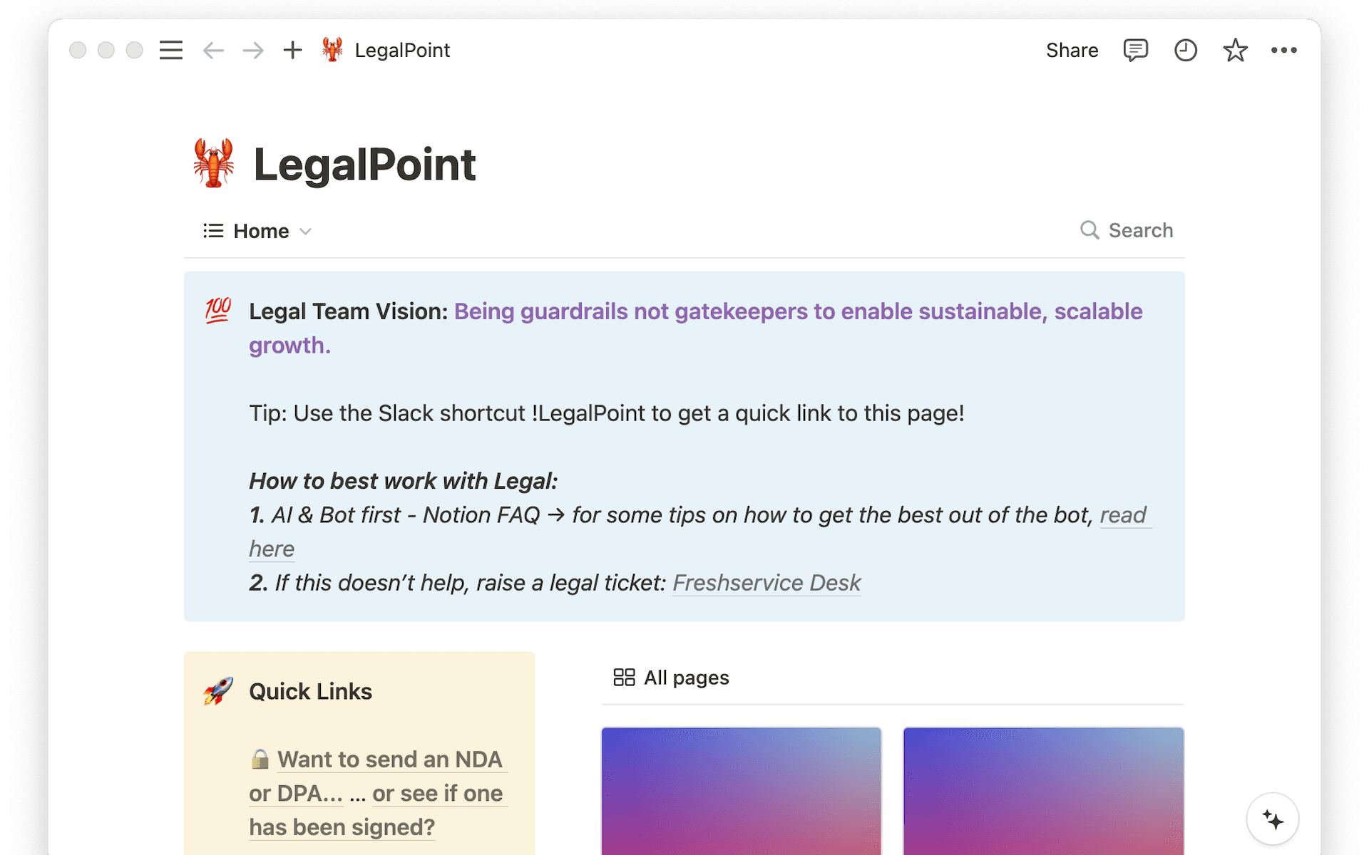Das Wiki des Rechtsteams von Liberis ist eine der meistbesuchten Seiten im Notion Workspace des Unternehmens.
